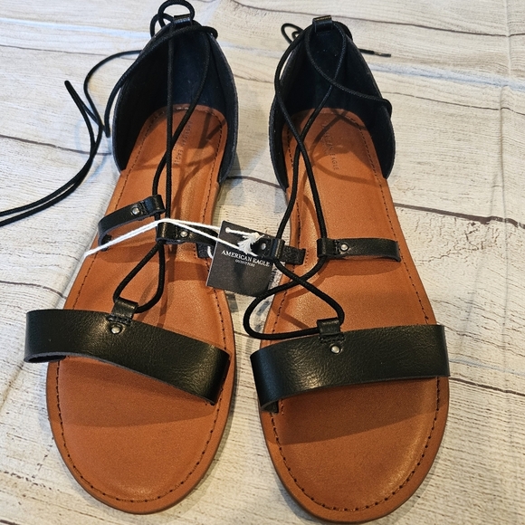 American Eagle Women’s Size 10 Black Boho Sandals New w/ Tag Ankle Tie Summer - Picture 2 of 7